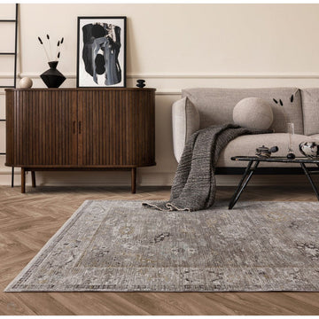 Jasper JA04 Traditional Vintage Distressed Shimmer Floral Heirloom Border Soft-Touch Polyester Low Profile Short Pile Grey Rug-Asiatic Carpets-Rug Love - The Most Loved Rug Store